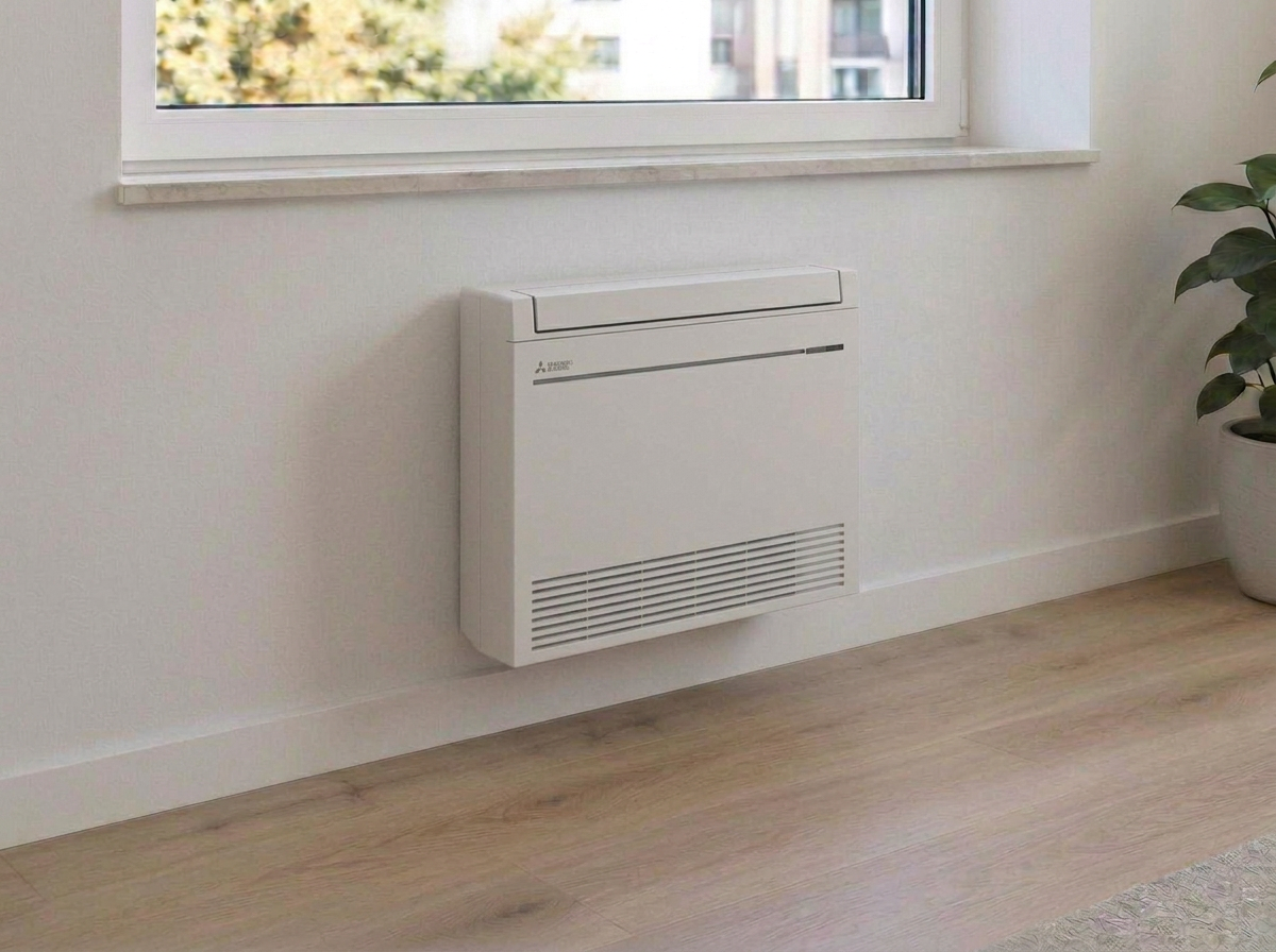 Console de climatisation blanche fixée au mur en partie basse, sous une fenêtre