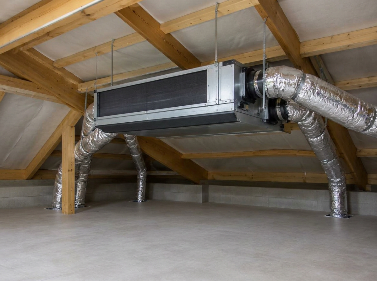 Unité de climatisation gainable et réseau de gaines installés dans des combles