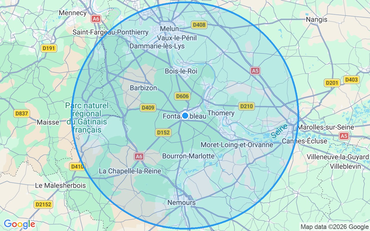 Carte de la zone d'intervention dans un rayon de 20 kilomètres autour de Fontainebleau